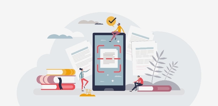 La ilustración muestra el escaneado de un documento con un móvil.