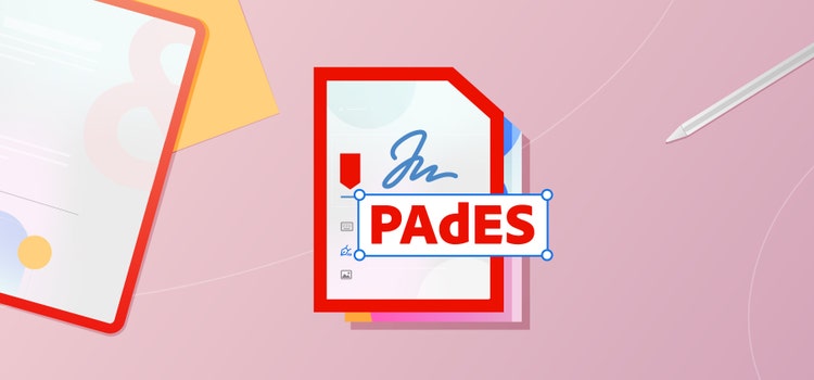 La ilustración muestra un archivo PAdES sobre un fondo rojo.