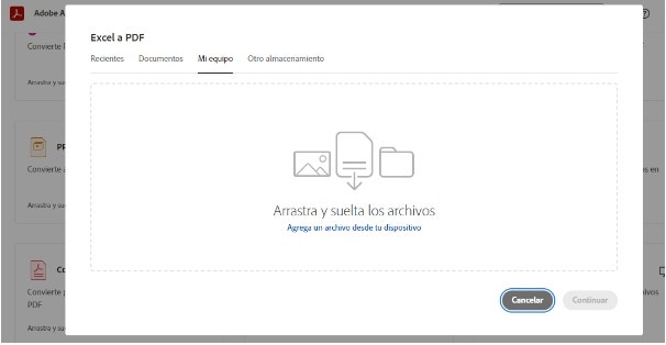 La captura de pantalla muestra la herramienta en línea de Acrobat para convertir Excel a PDF.