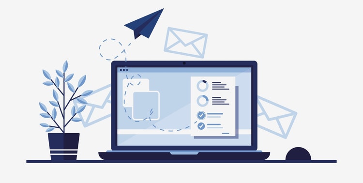 Ilustración de un ordenador portátil abierto con un avión de papel como símbolo de envío de correos electrónicos.