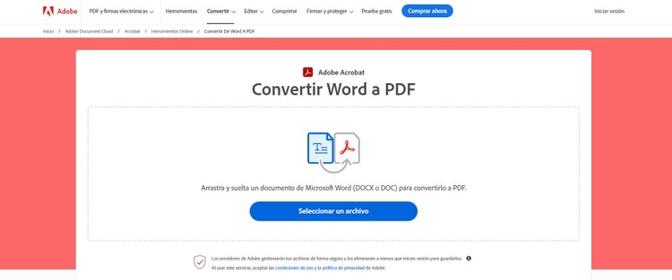 https://www.adobe.com/es/acrobat/online/word-to-pdf.html | Captura de Adobe Acrobat PDF-Converter.