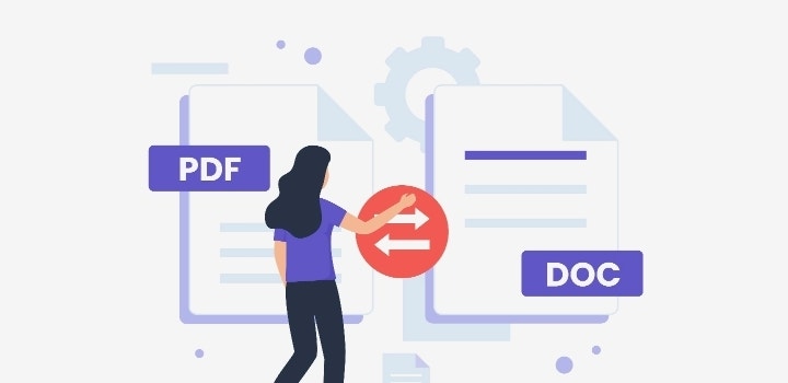 Ilustración: Una mujer convierte un archivo DOC a PDF online.