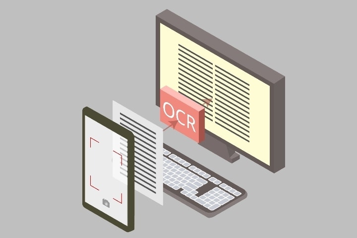 Conversión de computadora OCR: Un teléfono inteligente escanea un documento en papel y utiliza OCR para convertirlo en un archivo de texto editable.