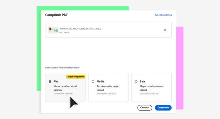 Captura de pantalla de la selección del nivel de compresión en la herramienta Comprimir PDF de Acrobat Online Tools.