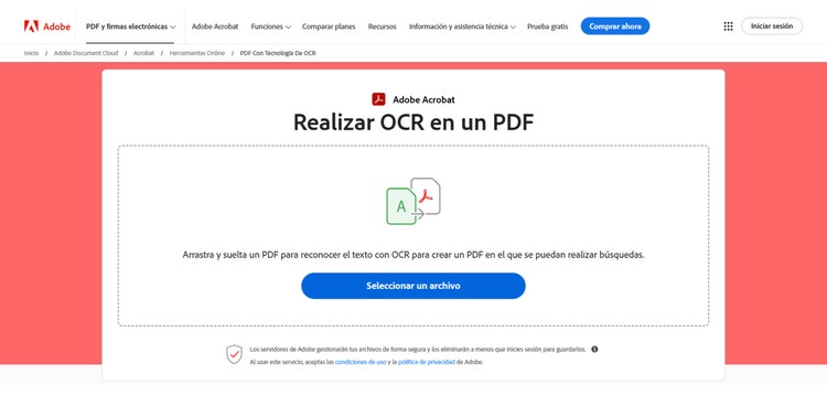 https://www.adobe.com/es/acrobat/online/ocr-pdf.html | Captura de pantalla de la herramienta online para realizar OCR en un PDF de Adobe.