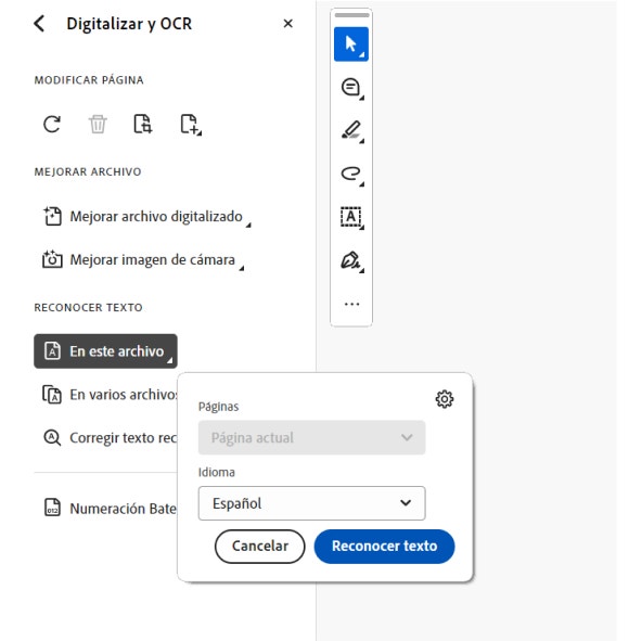 Captura de pantalla mostrando la herramienta Digitalizar y OCR de Adobe Acrobat Pro.