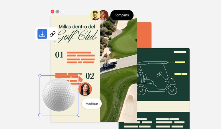Representación gráfica de varias páginas de un documento PDF con información sobre un campo de golf que está siendo editado.