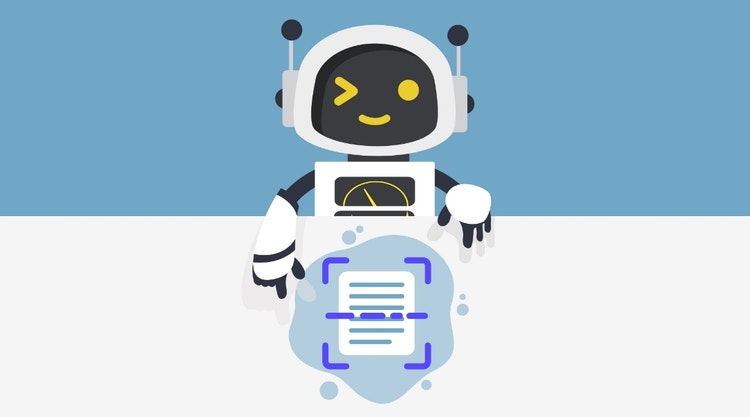 Ein humanoider Roboter, der eine Textdatei bearbeitet.