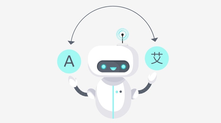 Un robot sonriente convierte la letra A en una letra china.