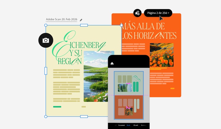 Representación gráfica de la digitalización de dos páginas de un libro al fondo. En primer plano se ve un móvil con un escaneo.