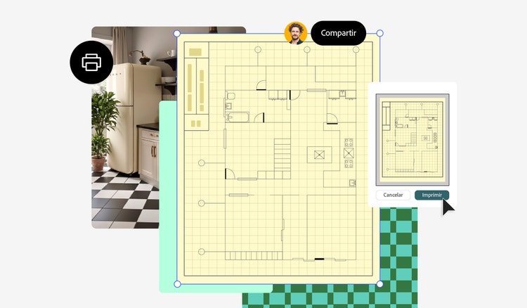 Representación gráfica del plano de un apartamento dibujado en papel milimetrado. A la derecha se muestra una ventana de conversión y, en la capa de documento detrás del plano, una foto del apartamento.