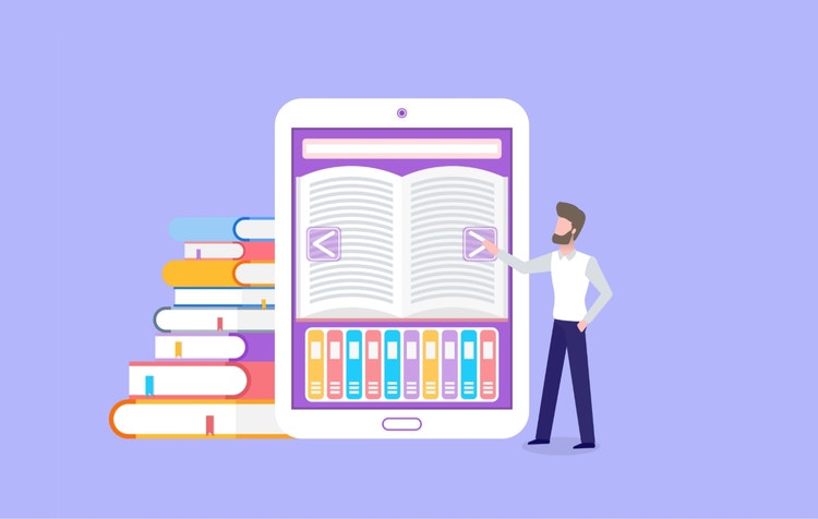 La ilustración muestra un Kindle con numerosos documentos.