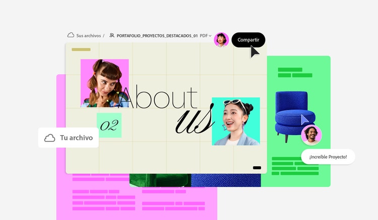Interfaz de edición de un PDF con diseño de portfolio creativo y colorido. En él aparecen fotos de personas, un sillón azul y el título "About us".