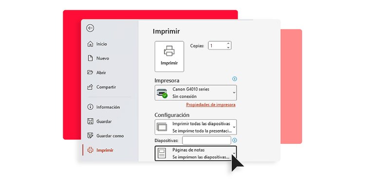 Captura de pantalla de la función de impresión en PowerPoint. En los ajustes del diseño de impresión están seleccionadas las páginas de notas.