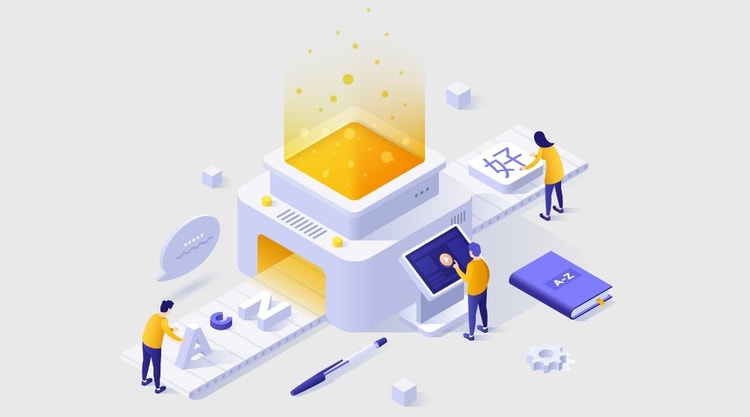 Ilustración de una máquina que convierte textos de un idioma a otro.