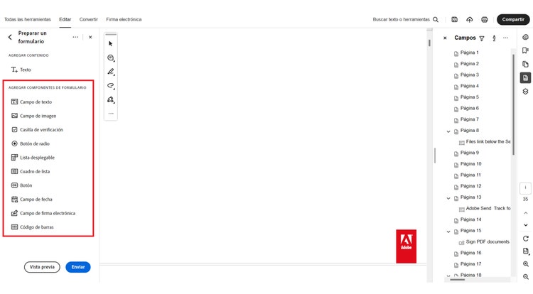 Imagen mostrando cómo agregar componentes de formulario en PDF con Adobe Acrobat Pro.