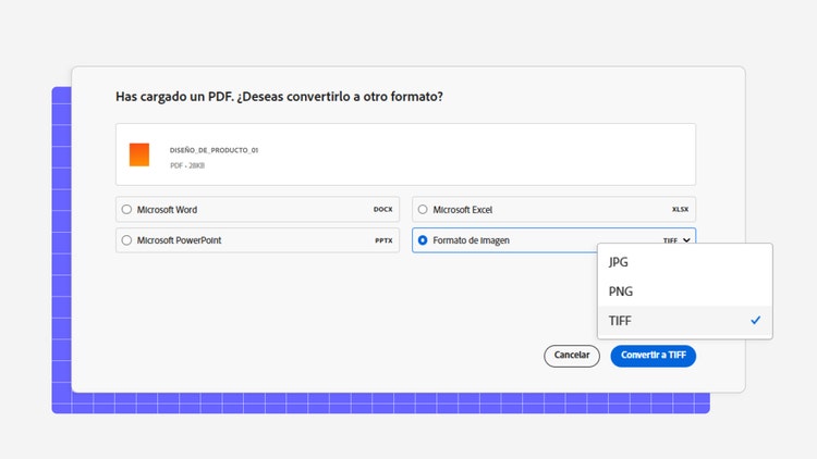 Interfaz del conversor de PDF online de Acrobat con un archivo cargado y el formato TIFF seleccionado como opción de conversión.