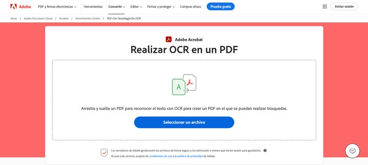 https://www.adobe.com/es/acrobat/online/ocr-pdf.html | Captura de pantalla mostrando la herramienta online Realizar OCR en un PDF de Adobe Acrobat.