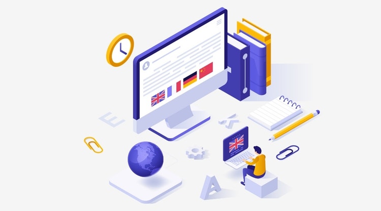 Ilustración de un empleado que traduce un documento en su portátil de inglés a otros idiomas