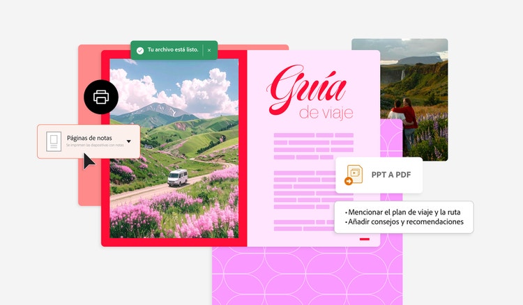 Representación gráfica de una presentación de PowerPoint con notas de una guía de viaje con imágenes de un paisaje de montaña. A la izquierda se ve una ventana para imprimir las páginas de notas.