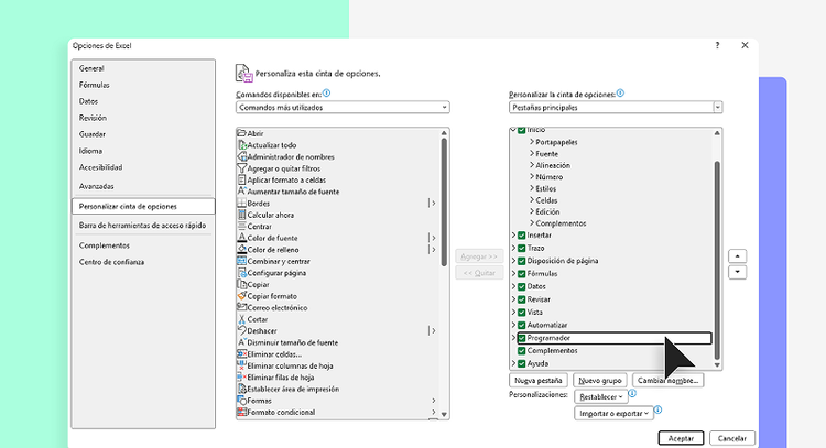 Ventana de opciones de Excel. A la izquierda está seleccionada la opción “Personalizar cinta de opciones” y a la derecha está marcada la casilla “Programador”