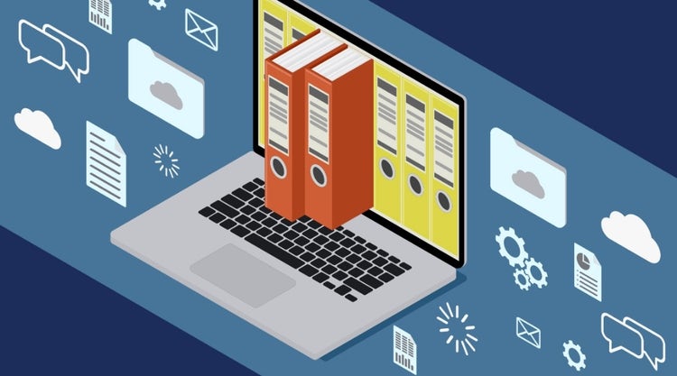 Ilustración de un portátil que muestra unos archivadores digitales en la pantalla.