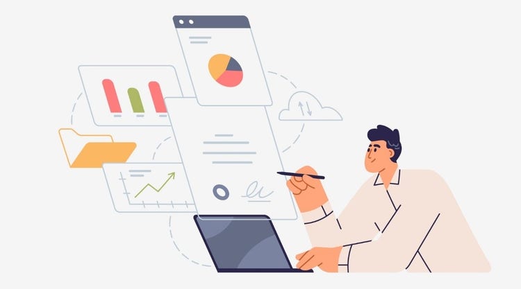 Imagen que muestra a un hombre firmando diversos documentos en su ordenador portátil