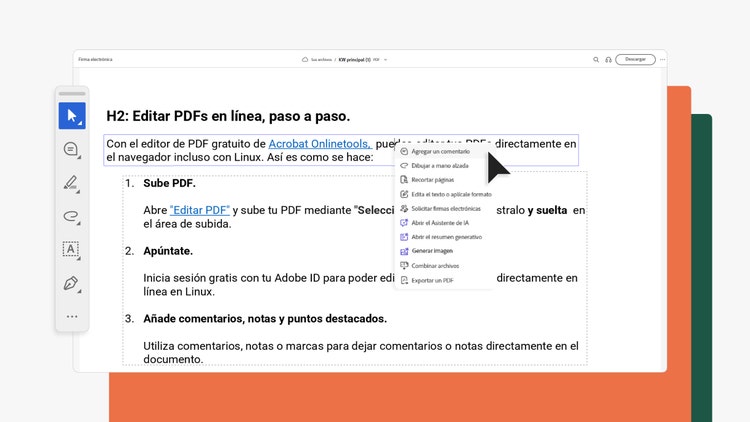Captura de pantalla de la interfaz del editor de PDF de Acrobat mostrando las opciones para editar el texto.