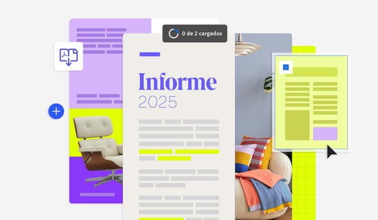 Representación gráfica de dos documentos de Word. A la derecha se muestra la ventana de carga de la herramienta “Convertir Word a PDF” de las herramientas online de Acrobat.