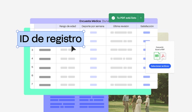 Interfaz de Adobe Acrobat Online en español mostrando un formulario creado en Excel y, a la derecha la opción para convertir el archivo a PDF para compartir.