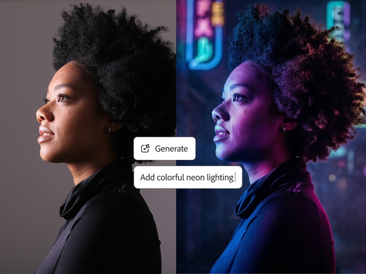 Un retrato de una mujer de perfil sobre un fondo gris editándose mediante una indicación en Firefly para reemplazar el fondo y aplicar una iluminación con luces de neón coloridas.
