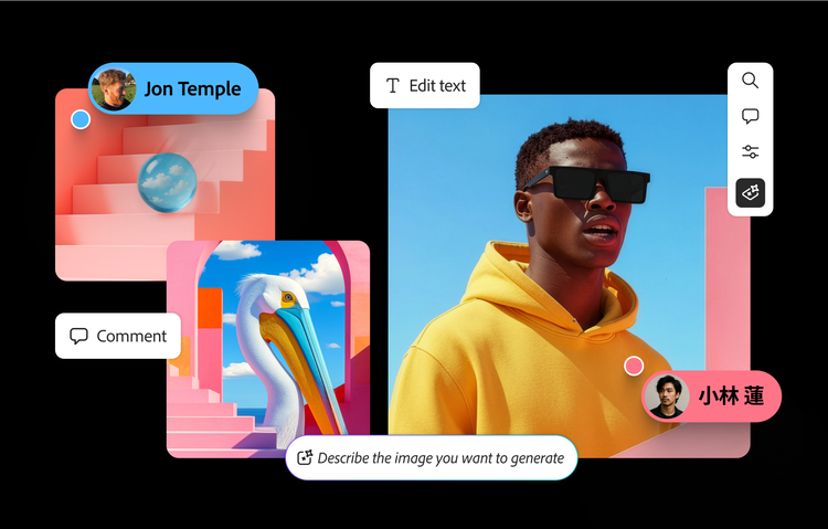 Interfaz del creador de tableros conceptuales en línea con títulos creativos para imágenes, incluidas ilustraciones abstractas, fotografía de moda y herramientas de edición para la narración visual.