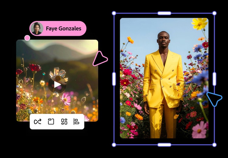 Tablero de tendencias generado por IA con fondos florales vibrantes y una persona con un traje amarillo brillante, que refleja la inspiración creativa del diseño.