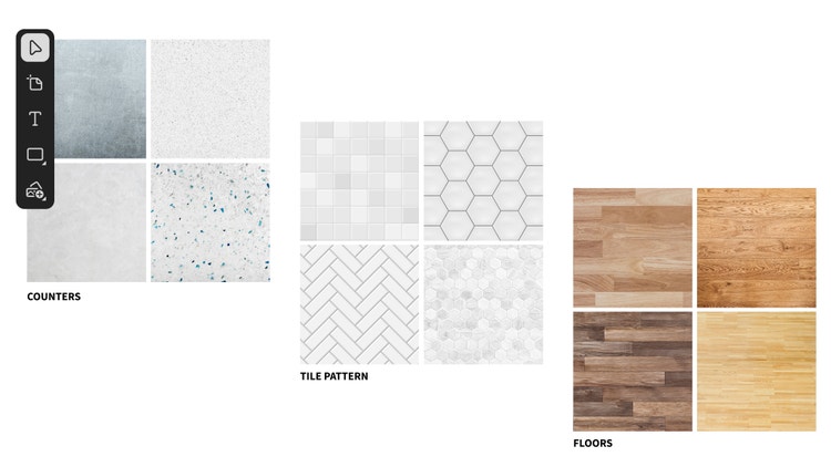 Ejemplos de patrones y texturas para encimeras y suelos como inspiración para tableros de diseño de interiores.