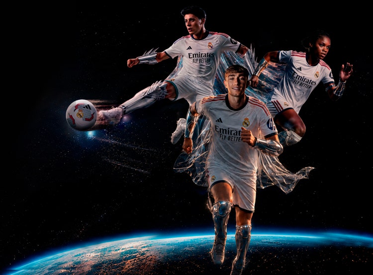 Tres jugadores del Real Madrid con armadura jugando al fútbol en el espacio