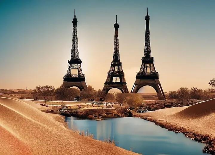 Tres torres Eiffel en el desierto con un río en estilo paisajístico surrealista para ilustrar el arte con IA fotorrealista