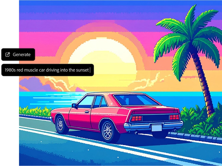 Imagen pixelada de un coche rojo circulando por una carretera cerca de la playa, con la puesta de sol y una palmera al fondo. La interfaz superpuesta muestra los textos “Generar” y “Coche deportivo rojo de los años 80 conduciendo hacia la puesta de sol”