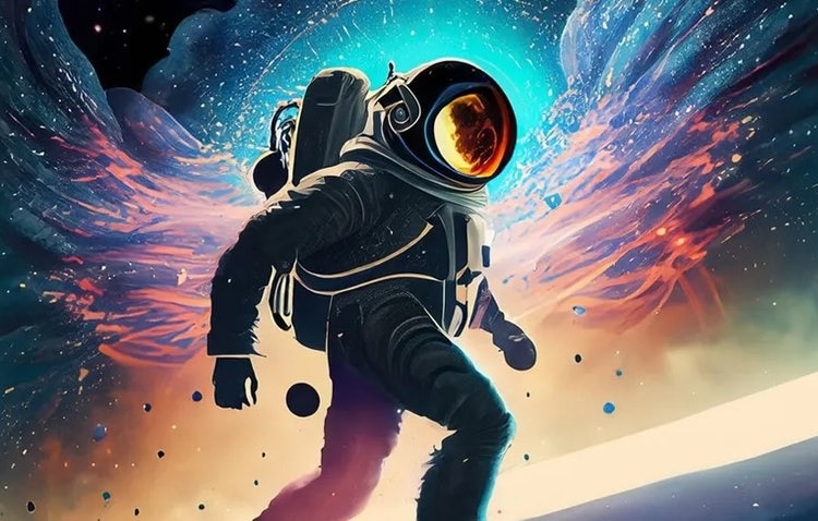 Astronauta sobre un fondo espacial multicolor generado por Firefly como ejemplo de cómo la IA está transformando el trabajo creativo para la comunidad artística