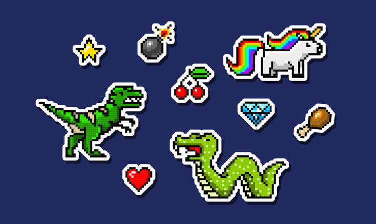 Paquete de pegatinas de videojuegos retro en estilo de arte con píxeles de un dinosaurio, un unicornio arcoíris, una serpiente, un corazón, una estrella y un diamante, entre otros