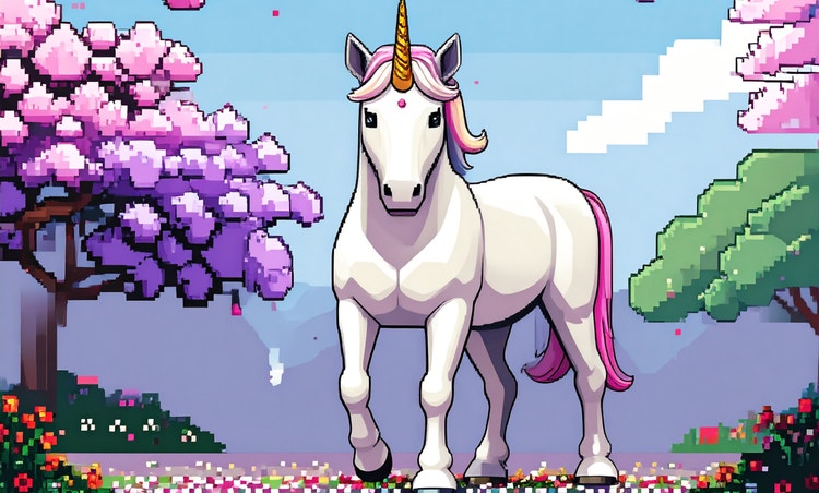 Unicornio blanco con cuerno dorado y la indicación: “Un unicornio caminando hacia mí desde el frente en un videojuego de 8 bits, en estilo arte con píxeles…”
