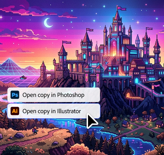 Castillo de fantasía en lo alto de una colina, con cascadas y un paisaje de puesta de sol al estilo synthwave lleno de color, y las opciones de la interfaz “Abrir copia en Photoshop” y “Abrir copia en Illustrator” superpuestas