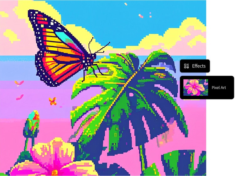 Imagen con píxeles de una mariposa sobre una hoja, con la opción Arte con píxeles seleccionada como efecto disponible en la interfaz superpuesta