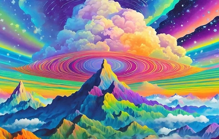 Ejemplo de caso de uso de arte con IA en el que aparece arte abstracto de montañas y nubes arcoíris con colores psicodélicos generado por Firefly