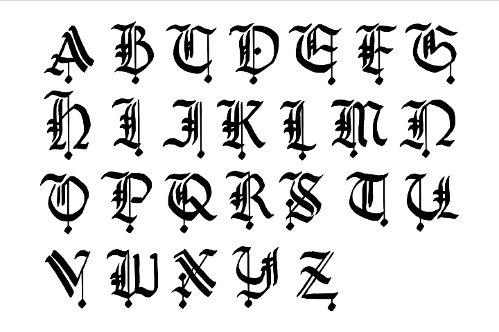 Alfabeto gótico dibujado a mano, donde se pueden apreciar sus trazos verticales y horizontales gruesos.