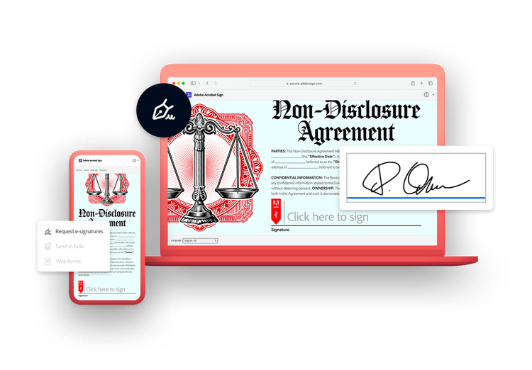 Portátil rojo con un acuerdo de confidencialidad y un campo de firma electrónica.