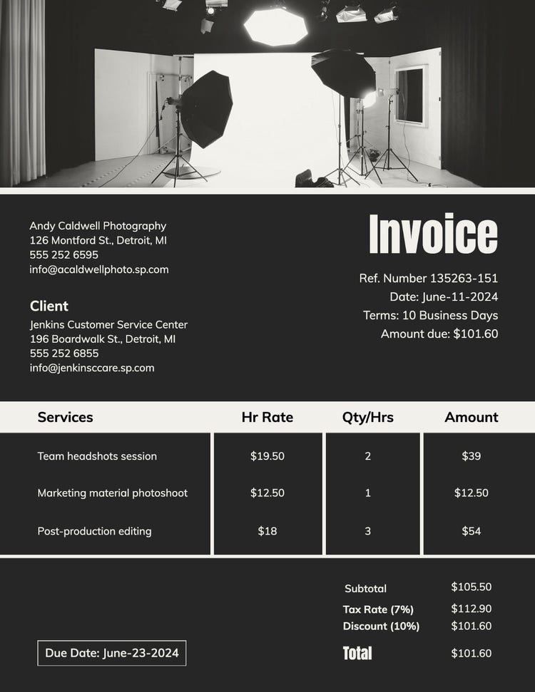 Black & White Photography Studio Invoice