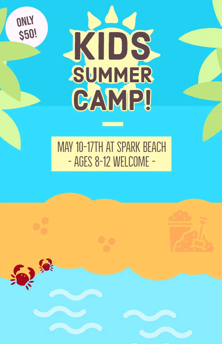 Illustrated Children Summer Camp Flyer with Crabs and Beach