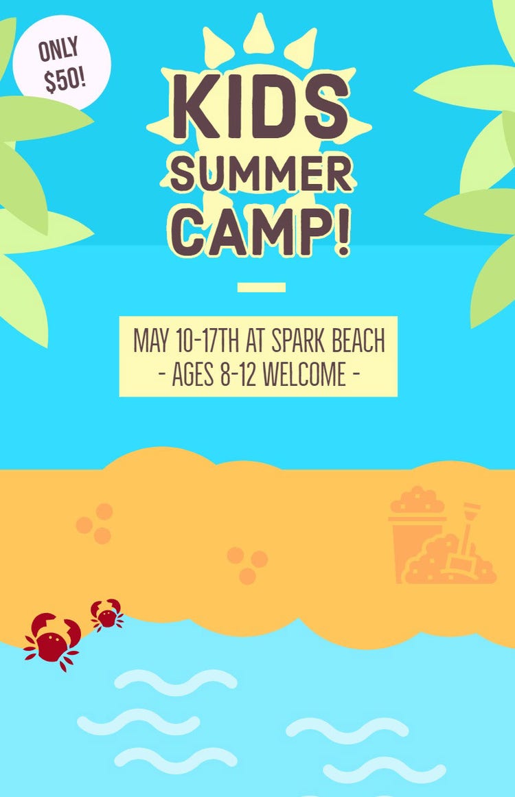 Illustrated Children Summer Camp Flyer with Crabs and Beach
