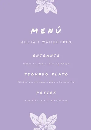 light purple wedding menu  Menú
