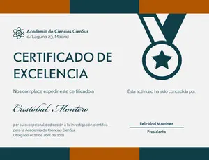 CERTIFICADO DE <BR>EXCELENCIA Certificado